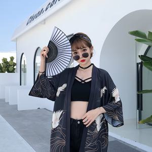 TEMU 일본 스타일 레트로 개선된 크레인 프린트 호리 기모노 가디건, 캐주얼 루즈핏 다용도 봄/여름 얇은 재킷