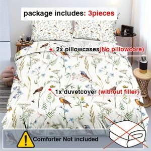 TEMU 꽃, 새, 나비 프린트가 특징인 플랜트 플로럴 이불 커버 3종 세트입니다. 부드럽고 편안하며 통기성이 좋은 침구로 침실, 기숙사, 게스트룸 및 홈 데코에 적합합니다 (이불 커버 1개 + 베갯잇 2개)