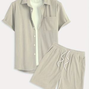 TEMU 유럽&미국 패션 남성 투피스 세트, 캐주얼 베이직 솔리드 컬러 코듀로이 반팔과 반바지 아웃핏