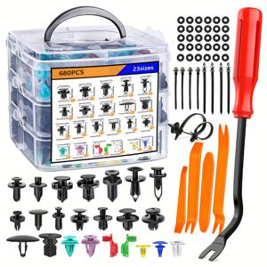 TEMU 680개 및 725개 자동차 푸시 패스너 세트 (자동차 패스너 분류 포함) - 23가지 가장 일반적인 사이즈의 나일론 범퍼, 머드가드, 리벳 스트랩, 케이블 타이 10개, 패스너 제거용 도구 포함.