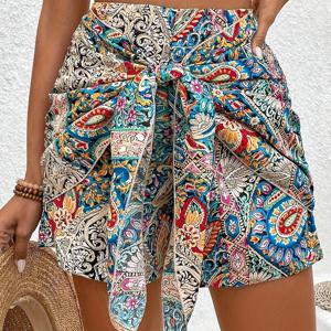 TEMU 여성용 하이웨이스트 페이즐리 플로럴 프린트 앞면 타이 반바지