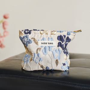 TEMU 화장품 가방, 작은 미니 화장품 가방 립스틱 가방, 파란 꽃 메이크업 가방, 휴대용 큰 용량 동전 지갑 이어폰 가방, 위생용품 보관 가방 열쇠 가방