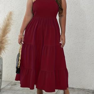 TEMU 사이즈가 큰 솔리드 롱 렝스 티어드 캐미 드레스, 우아한 스윙 슬리브리스 드레스, 봄 & 여름, 여성 플러스 사이즈 의류