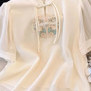 TEMU 에스닉 스타일 자수 쉬폰 반팔 셔츠 여성 여름 중국 매듭 스몰 셔츠 탑