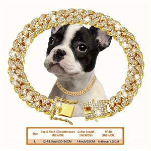 TEMU 1개 럭셔리 철 합금 개 체인 목걸이, 13mm 폭 쿠바 링크 펫 목걸이와 라인스톤 장식, 조절 가능한 금속 고양이 체인 주얼리 액세서리, 소형부터 대형 개와 고양이용, 개 목걸이