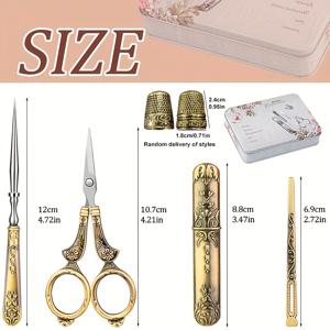 TEMU BUTUZE 가위 키트, 빈티지 유럽 스타일 재봉 도구 세트 (자수 바늘, 손톱깎이, 실꿰기 포함), 오리지널 주석 상자에 담긴 완벽한 공예 바느질 용품, 양손잡이 혼합 색상, 비전기식