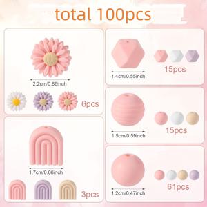 TEMU 100개 데이지 실리콘 비즈, 라운드 데이지 꽃 모양 실리콘 루즈 비즈 공예용 비즈, 나일론 로프 포함 DIY 키체인 팔찌 목걸이 액세서리 제작 (4가지 색상)