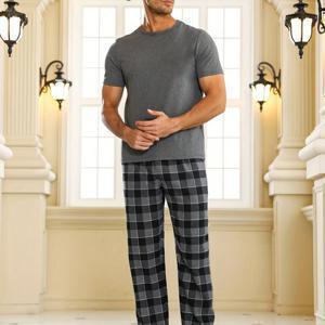 TEMU 남성용 캐주얼 단색 반팔 상의와 체크무늬 긴 바지 세트, 부드럽고 편안한 풀오버 파자마 세트로, 야외 활동 및 집에서 모두 스타일리시하게 입을 수 있습니다.