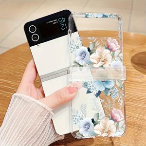 TEMU 갤럭시 Z 플립 6 5G / Z 플립 5 / Z 플립 4 / Z 플립 3용 투명 PC 하드 케이스, 플로럴 프린트 디자인 여성용 풀바디 충격 방지 보호 케이스