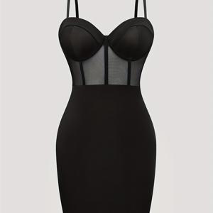 TEMU 섹시한 단색 로우컷 물고기뼈 메시 스티칭 힙 스트랩 드레스