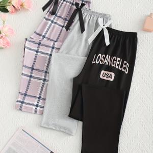 TEMU 여성용 패션 체크무늬와 단색 파자마 3세트