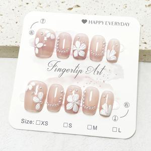 TEMU 10개입 숏 형태 수제 네일 세트, 고양이눈 글리터와 흰색 꽃이 있는 연분홍색의 패셔너블하고 귀여운 디자인. 젤리 글루, 네일 파일, 나무 스틱 액세서리 포함. 파티, 댄스, 데일리웨어에 적합한 풀커버 인조 손톱