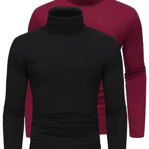 TEMU 남성용 보온 터틀넥 셔츠 2개 세트 - 블랙 & 버건디, 긴팔, 스트레치 원단, 가을/겨울에 완벽함