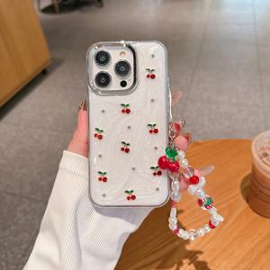 TEMU 메탈 후프 밀키 화이트 에폭시 라인스톤 체리와 리본 체리 랜야드 팔찌가 있는 낙하 방지 보호 케이스, iPhone 11 12 13 Pro Max 시리즈용 휴대폰 케이스