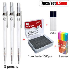 TEMU 집으로 오는 계절 선물 7pcs/세트 투명 자동 연필 세트 (대용량 연필심 1000개 0.5/0.7/0.9) 스케치 미술 페인팅 활동 연필 사무용품 (연필 3개 + 연필심 1개 상자 + 지우개 1개 + 연필심 튜브 2개)