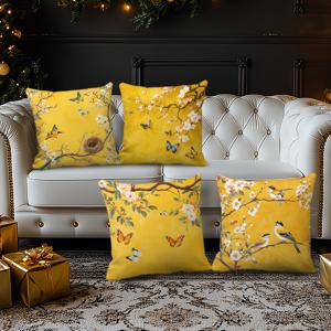 TEMU 꽃과 나비가 있는 클래식하고 우아한 디자인의 노란색 복숭아꽃 가지 베개 커버 4개 세트. 일상적인 장식, 축제, 파티, 홈룸, 침실, 거실, 사무실, 자동차에 적합합니다.