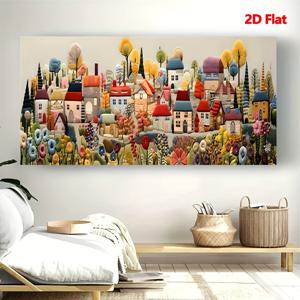 TEMU 2D 플랫, 2D 플랫, 2D 플랫 1개 수평 보드 동화 속 마을 풍경 입체 크림 바람 수평 배경 벽 장식 그림, 성인용, 홈 /생일 선물/휴일 선물/새해 선물 - 50*100Cm/19.