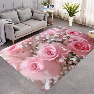 TEMU -1개 핑크 장미 러그 - 폴리에스터 소재, 세탁기 사용 가능, 현관, 복도, 욕실, 침실, 거실, 세탁실 및 주방 바닥 장식에 적합