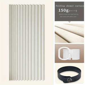 TEMU 1개 줄무늬 접이식 샤워 커튼, 단열 폴리에스터 욕실 장식 후크 포함, 설치 및 보관 용이, 프라이버시와 스타일을 위한 현대적인 수직 디자인, 쉬운 설치 커튼 | 세련된 샤워 액세서리 | 열차단 원단