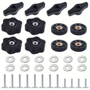 TEMU 스켈레톤 노브 트랙 노브 세트 12개, 1- T자형 트랙 볼트 8개, 1- 소형 T자형 트랙 볼트 4개, 스타형 노브 4세트, 사각형 노브 4세트, T자형 노브 4세트, 와셔 12개 포함. 목공용 고정 장치 및 체결 장치에 사용되는 T자형 트랙 액세서리용 T자형 노브 4개도 포함