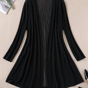 TEMU 플러스 사이즈 여성용 우아한 긴팔 가디건 - 경량 메쉬 커버업, 반투명 오픈 프론트 비치 바캉스 스웨터, 세탁기 사용 가능한 단색 리조트웨어, 세련된 스타일, 통풍성 있는 메쉬 원단