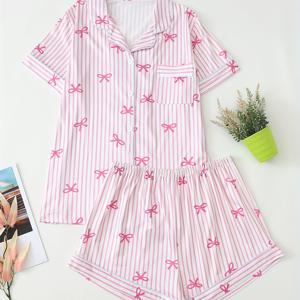 TEMU 여성용 리본 프린트 반팔 반바지 파자마 세트, 캐주얼 라펠 칼라 니트 폴리에스터 95% 엘라스테인 5% 잠옷, 올 시즌 라운지웨어