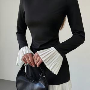 TEMU 여성용 우아한 A라인 드레스 - 롱 러플 소매 & 플리츠 밑단, 스트레치 미니 길이, 라운드넥, 세탁기 사용 가능, 봄/여름 캐주얼~포멀 웨어, 스프링 패션, 시크 스타일, 고품질 소재