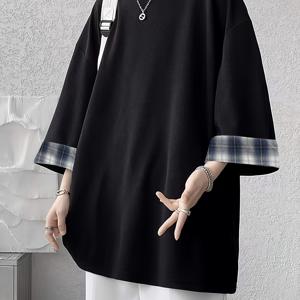 TEMU 캐주얼 체크무늬 프린트 라운드넥 반팔 티셔츠, 야외 착용용 루즈핏