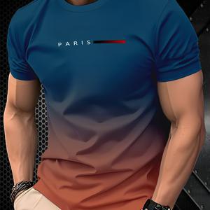 TEMU 남성용 파리 스타일 그라데이션 티셔츠 - 100% 소재, 라운드넥 및 반팔 디자인, 세탁기 사용 가능. 사계절 내내 편안한 착용감, 부드러운 소재, 캐주얼 웨어에 적합. 다용도 의류 | 그라데이션 디자인 | 부드러운 질감의 상의