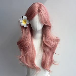 TEMU 26인치 여성용 가운데 가르마 앞머리 벚꽃 핑크 웨이브 롱 곱슬머리 유럽 스타일 패션 엘레강스 파티용 밝은 눈빛 어울리는 풀헤드 가발