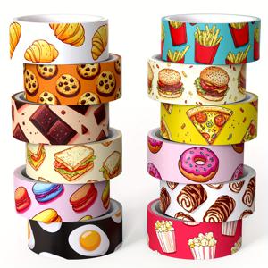 TEMU 12롤 귀여운 음식 테마 와시 테이프 세트, 카툰 맛있는 디저트 마카롱 컬러풀 마스킹 테이프 - 저널링, 스크랩북, DIY 공예용