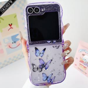TEMU 휴대폰 케이스 - 새로운 패션 블링 블링 글리터 별빛 하늘 나비 드롭 글루 불규칙 물결 모양 엣지 접이식 휴대폰 케이스 (삼성 Z Flip6/Z Flip5/Z Flip4/Z Flip3/여성/인기 스타일/전면 보호 낙하 방지 휴대폰 보호 케이스)