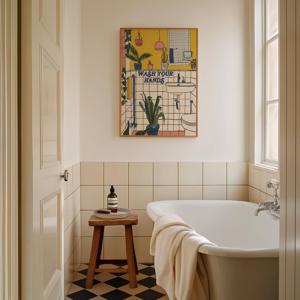 TEMU 1개 무테 캔버스 포스터 - 빈티지 '손을 씻으세요' 욕실 벽 예술, 현대적인 침실, 거실, 부엌 또는 복도용 홈 데코, 손글씨 폰트가 있는 컬러풀 일러스트 디자인, 실내 벽 장식 선물, 홈 데코 선물 | 유머러스한 장식 | 캔버스 월 아트