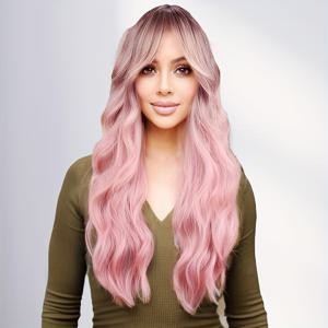 TEMU 긴 핑크 가발. 이 가발은 긴 물결 모양의 앞머리가 특징이며, 내열성 합성 섬유로 제작되었으며 길이는 28인치입니다. 일상복으로 적합합니다.