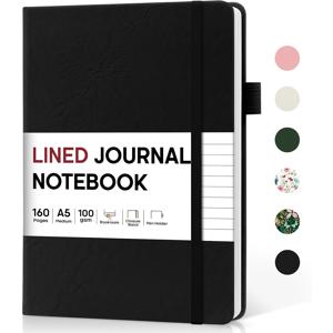 TEMU 가죽 안감 A5 대학형 줄무늬 노트북, 작업 및 메모용 다이어리, 사무실 학교 가정 필수품, 160페이지, 블랙