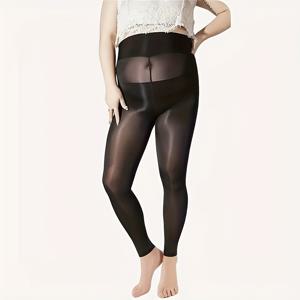 TEMU 플러스 사이즈 여성용 나인 인치 오일 슬릭 타이츠 - 우아하고 패셔너블한 블랙 팬티스타킹, 하이웨이스트, 광택 마감, 스트레치 편안함, 캐주얼 웨어에 이상적, 플러스 사이즈 팬츠