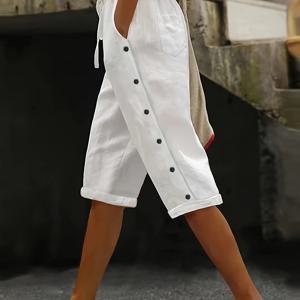 TEMU 유럽 및 미국 인기 여성 솔리드 컬러 버튼 7/8 팬츠