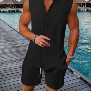 TEMU 새로운 여름 남성용 캐주얼 헨리넥 민소매 탑 반바지 비치 세트
