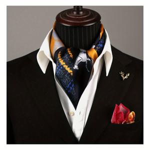 TEMU 세련된 남성용 양면 스카프, 스타일리시한 동물 프린트와 파란색 및 노란색 악센트 - 손세탁 가능, 세련된 패션 액세서리를 위한 레트로 디자인