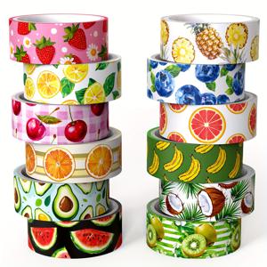 TEMU 귀여운 과일 테마 와시 테이프 세트. 수박, 바나나, 딸기 등 디자인의 12롤 장식 테이프 포함. 파티, 스크랩북, 공예, 선물 포장에 완벽.