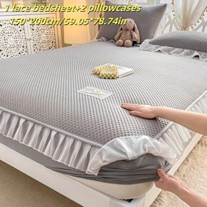 TEMU 3개 레이스 쿨링 보호대 세트 (레이스 침대 시트 1개 + 베갯잇 2개), 360도 전체 커버, 쉬폰 레이스 장식 침대 시트, 미끄럼 방지, 시원하고 통기성 좋음, 접이식 및 보관 용이, 편안한 수면을 위한 침실에 적합