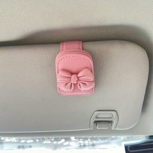 TEMU 귀여운 핑크색 자동차 햇빛 가리개 안경 홀더 (리본 장식), 안경 보관 랙, 차량용 액세서리