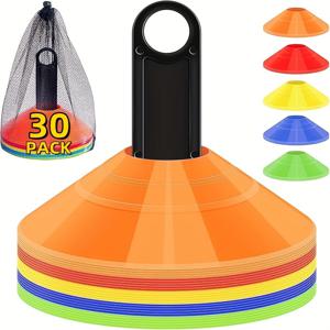 TEMU 경량 축구 콘 60개/30개, 휴대용 가방 및 홀더 포함 민첩성 디스크 스포츠 콘, 훈련용 플라스틱 축구공 콘, 스포츠 훈련, 농구, 코칭, 연습 장비, 5가지 색상