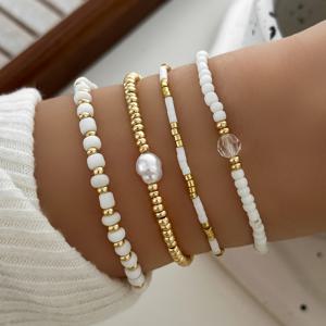 TEMU 스타일 간단하고 다용도 캐주얼 화이트 라이스 비즈 섹시한 팔찌 세트, 유리 쌀 구슬 모조 플라스틱 위치 지정 비드 수제 스트링 세트 4팩
