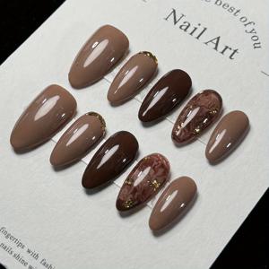 TEMU 핸드메이드 아몬드 프레스온 네일 10개입, 커피 컬러, 다크 브라운 할로 염색, 골드 포일 럭셔리 인품 인조 네일 피스