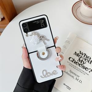 TEMU 휴대폰 케이스 - 패션 토끼 곰 장미 흰색 가죽 접이식 폰 케이스, 링 홀더 포함, 삼성 갤럭시 Z 플립 7 6 5 4 3 호환