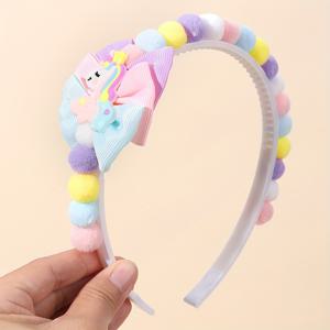 TEMU 1개 유니콘 헤어밴드 컬러풀 폼폼 & 그로그레인 리본 보우 - 조절 가능한 탄성 밴드, 파스텔 색상, 여아 청소년용 귀여운 헤어 액세서리, 여름 파티 댄스 선물, 파티 헤어밴드 | 생동감 있는 머리 장식 | 폼폼 디테일, 포니테일 액세서리
