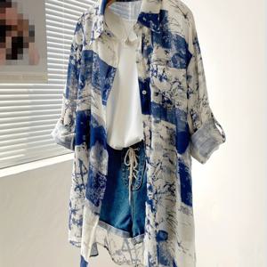 TEMU 여성용 경량 기하학 프린트 긴팔 셔츠 - 클래식 칼라와 우산 밑단이 있는 루즈핏 버튼업 블라우스, 봄 여름 가을 캐주얼 아웃핑용, 장식 소매 끈, 통기성 원단