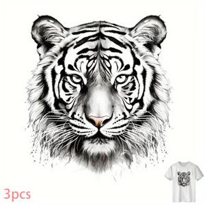 TEMU 3개입, 티셔츠 프린트 스티커 고화질 3D 호랑이 머리 흑백 패턴 패션 열전사 찢을 수 있는 데칼 백팩, 베개, 바지, 비닐 소재 및 자외선 차단 이미지에 적합