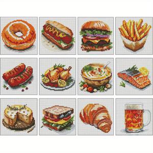 TEMU 12개 미니 십자수 햄버거 프렌치 프라이 패턴, 성인 및 초보자에게 적합, 십자수 음식 자수 원단, 홈